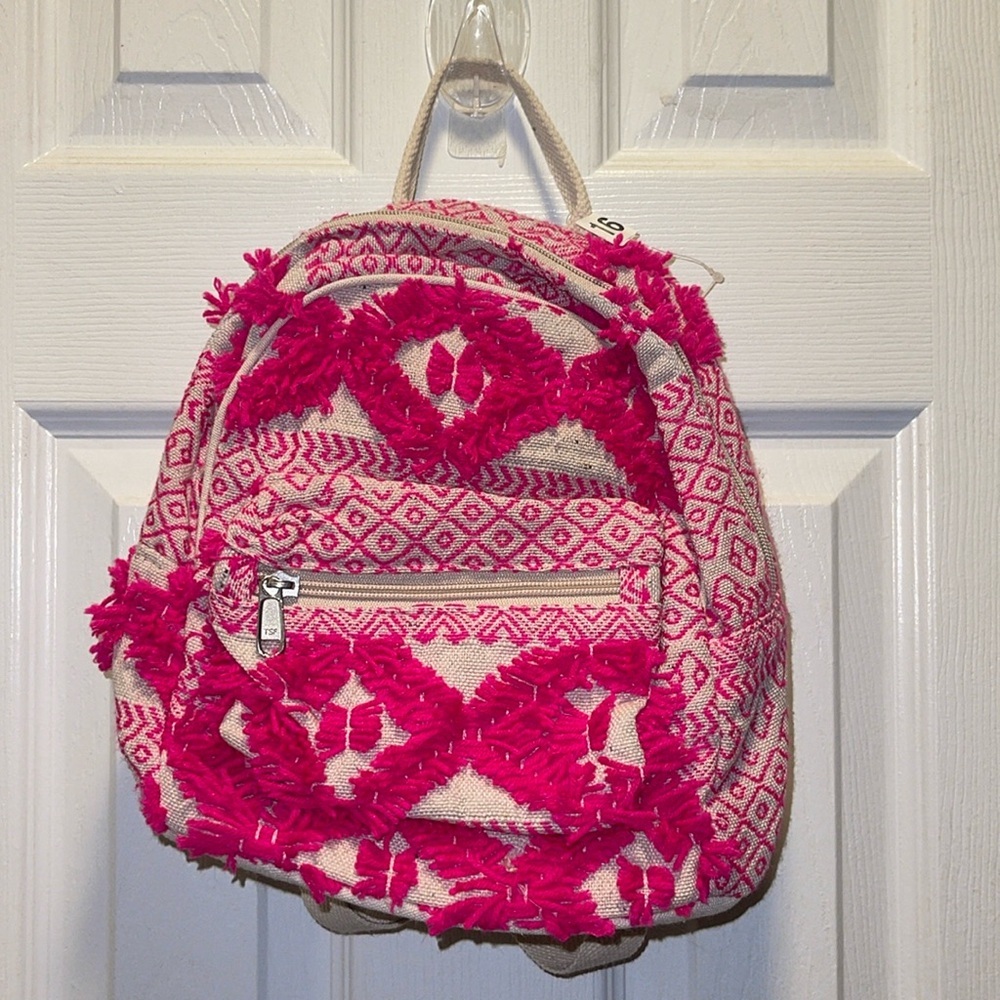 NEW Pink embroidered mini backpack bag with yarn fringe accent NWT - Picture 1 of 10